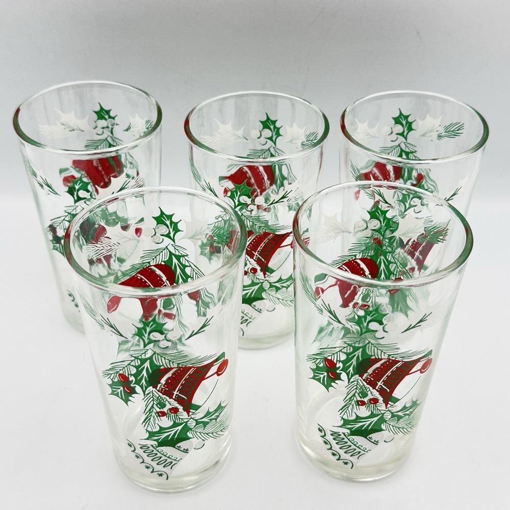 VTG Christmas Hazelware Set 5 Glass Tumblers‎ Holly/Bells 11.5 oz. Fantastic MCM